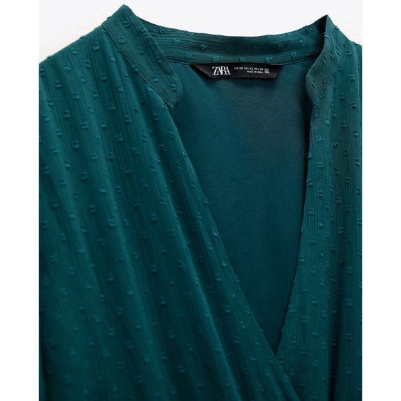 NEW Zara Teal Green Swiss Dot Mesh Surplice V Neck Ruffle Pleated Mini Dress M - Picture 8 of 11